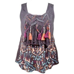 Anthropologie Akemi & Kim Brown Bohemian Raspberry/Orange/Sky Blue Pattern Tank
